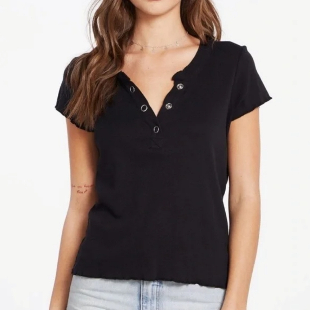 ❤️ CHASER FOR ANTHROPOLOGIE RIBBED SHORT SLEEVE BLACK HENLEY TEE / TOP, XS
